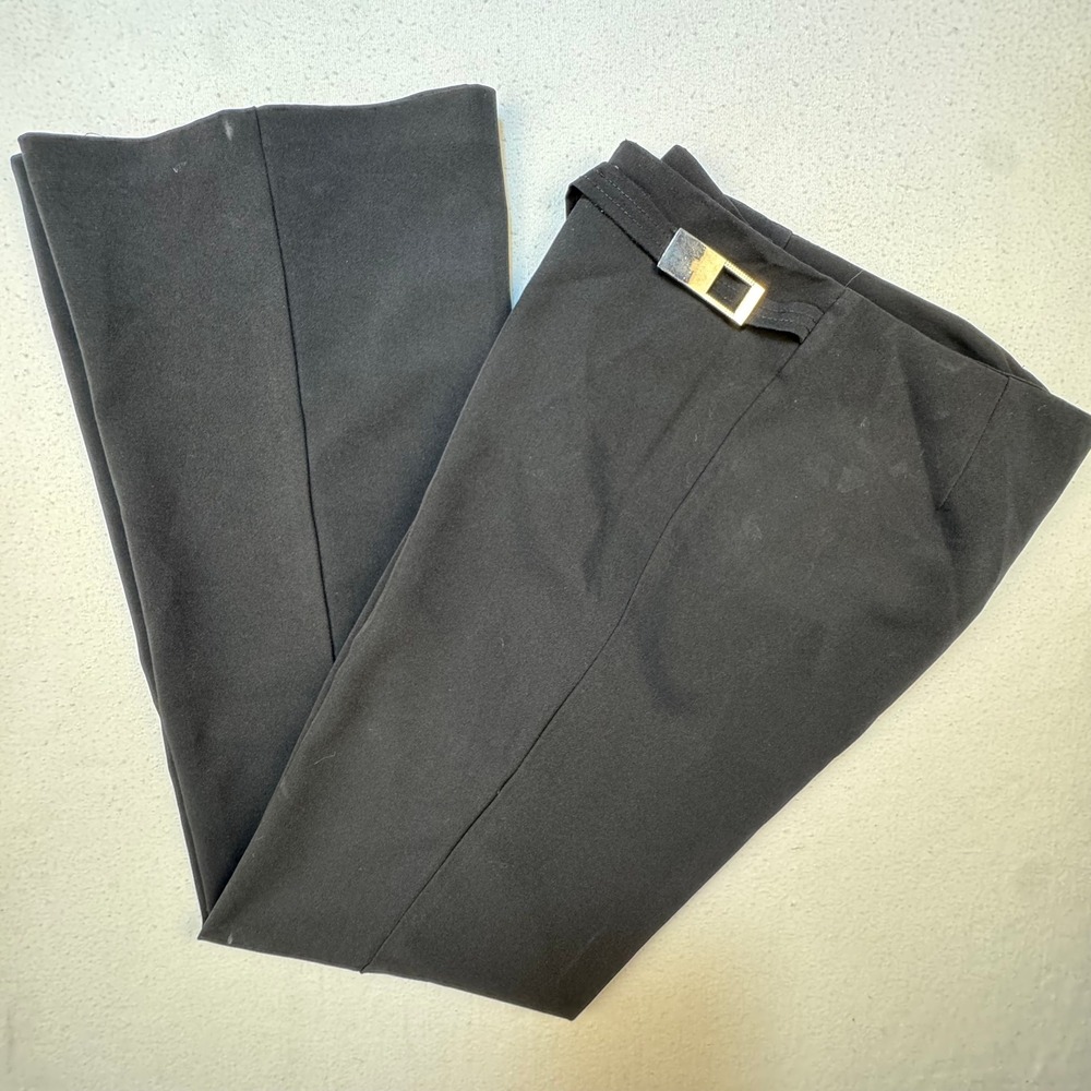 Moa Moa Pants Women 10/11‎ Black Flare Leg Silver Buckle Belted 9W5076 Stretch